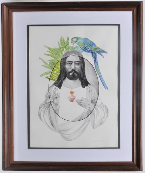 GLAUCO RODRIGUES - Serigrafia, " Cristo Mulato com Arara Azul ", assinada cid, datada 1981 e numerada 35/80. ( apresenta pequena mancha na mão esquerda ) Med. 67 x 48 cm e com a moldura 94 x 75 cm. — Glauco Rodrigues