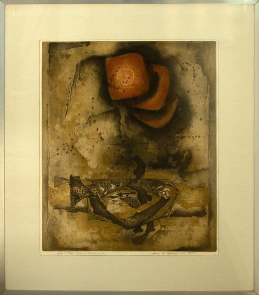 HANZ GRUDZINSKI - " Peixe , Ilhas e Sal " - gravura assinada , numerada 15 / 50 e medindo 56 X 46 cm ; moldura de metal — HANZ GRUDZINSKI