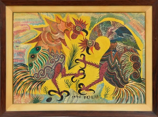 CHICO DA SILVA - Galos Fantásticos , O.S.T., assinado no canto inferior central e datado em 1970, moldura em jacarandá. Med.: 50 x 70 cm. — Chico da Silva