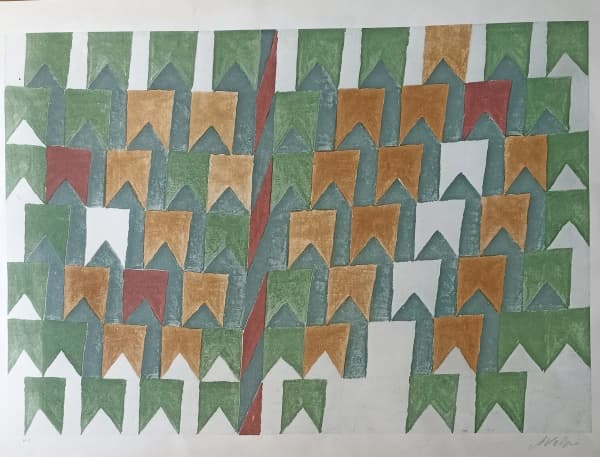 ALFREDO VOLPI, Lindíssima e Grande Gravura , representando " BANDERINHAS " com moldura de madeira e vidro, Assinada a lápis no C.I.D, com siglas " H.C" ( a melhor gravura ) ,Medidas com moldura 75,5 x 98,5 cm Medidas sem moldura : Alt 58 x 80 cm. — Alfredo Volpi