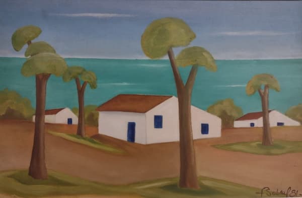 F. SOBRAL - Paisagem com Marinha - O.S.T. - 60 X 40 cm - 1981 - a.c.i.d. Moldura na tonalidade bege. Medidas com moldura 58 X 78 cm (no estado) — F. SOBRAL