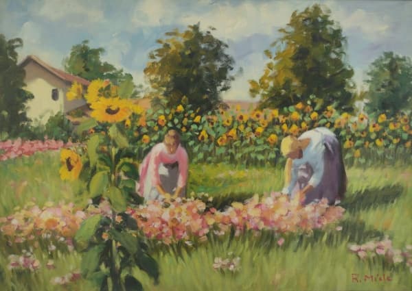 R. MICLE - Mulheres no jardim - O.S.T. - 48 X 69 cm - a.c.i.d. Moldura em madeira trabalhada na tonalidade dourada. Medidas com moldura 66 X 88 cm (no estado) — R. MICLE