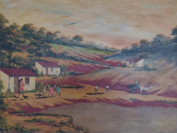PAPAS STÉFANOS - Vila com crianças - O.S.T. - 60 X 80 cm - a.c.i.d. Moldura em madeira trabalhada na tonalidade dourada. Medidas com moldura 81 X 101 cm (no estado) — PAPAS STÉFANOS
