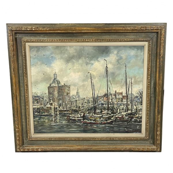 WINI L. VAN DIJK (1905-1990) - imponente quadro a óleo sobre tela do famoso artista plastico holandes,radicado no Brasil, representando o porto europeu, ano 1962. Com imponente moldura em madeira entalhada com patina em ouro velho. TELA L 81cm X A 65cm E COM MOLDURA L 1,10cm X A 94cmartista: WINI L. VAN DIJK — WINI L. VAN DIJK