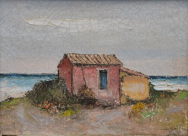 QUADROS - PINTURAS - LAZZARINI - Marinha com casebre. Óleo sobre tela 16 x 22 cm, assinado e datado no canto inferior direito, 1985. Moldura de madeira 43 x 48 cm. — QUADROS