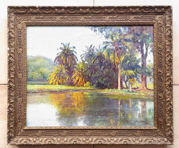 FELIX RAMOS (1919 - 1993) pintor cubano "Paisagem lacustre" óleo sobre tela, assinado, datado 1964, med. interna 40 x 50cm e med. total 54 x 64cm. — FELIX RAMOS