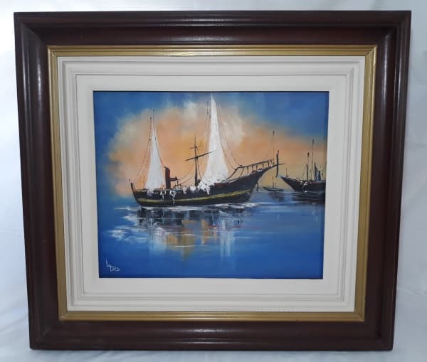 QUADROS - "L.Luiz" - Barco no porto - A.S.Tela - Tela: 50 X 40 cm - A moldura não pertence ao quadro, serviu apenas como apoio, não acompanha a tela. Belíssima pintura. — QUADROS