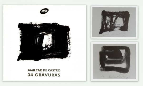 AMILCAR DE CASTRO - 25x27 cm; 52 págs. Livro expográfico em formato grande, ricamente ilustrado com 34 reproduções de gravuras de AMILCAR DE CASTRO. `(...) a opção foi de reunir um conjunto de gravuras que trouxesse as questões essenciais através das quais foram elaboradas, deixando de lado toda e qualquer adjacência. Acreditamos que as gravuras realizadas exclusivamente em negro tratam e revelam de forma direta e clara o cerne, não apenas da obra gráfica, mas de toda obra de AMILCAR DE CASTRO. — Amílcar de Castro