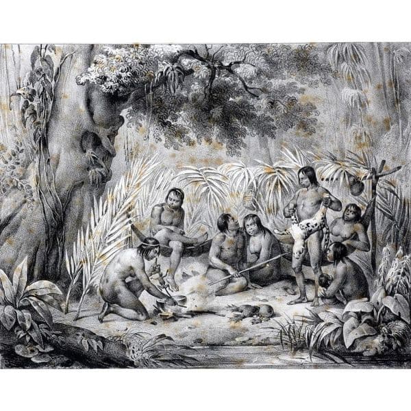 RUGENDAS, Johann Moritz (1802 – 1858) "Indiens dans leur cabane`". Litografia em cores impressa s/ papel, de V. Adam a partir de original de Rugendas, impressa por Engelmann – 25 x 30 cm (MI) e 40 x 47 cm (ME). — Rugendas