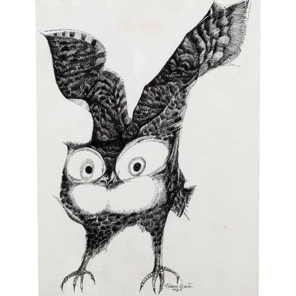 ALDEMIR MARTINS (1922 2006) Coruja, nanquim sobre papel fabriano 35 x 26 cm (MI) e 45 x37 cm (ME). Assinado e datado 71 — Aldemir Martins