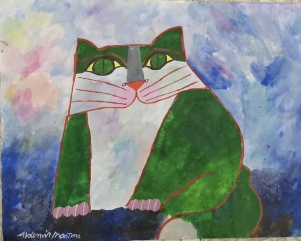 ALDEMIR MARTINS - (Novembro/1922 Fevereiro/2006) Tema " GATO VERDE - Técnica: tinta acrílica sobre cartão (ASC). Em GRANDE dimensão, medindo 50.5 cm (altura) x 67 cm (base). Obra assinada no canto inferior esquerdo de próprio punho pelo artista. Acompanha moldura em madeira nobre na cor preta, e acrílico transparente como proteção. Obra com certificado de autenticidade de importante galeria de arte de SP, e já revisada pelo Projeto Aldemir Martins/SP. — Aldemir Martins