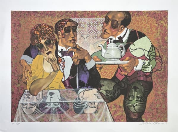 JUAREZ MACHADO (1941). "Galanteio com chá", serigrafia a cores. 60 x 80. Assinado no c.i.d. (SEM MOLDURA). — Juarez Machado