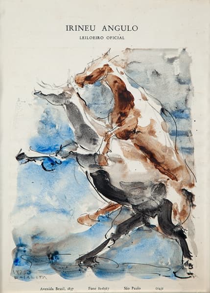 CHALITA - Cavalos - Técnica mista sobre papel - 28x20cm - 1975 - Assinado. Pertenceu à coleção do Leiloeiro Irineu Angulo — Chalita