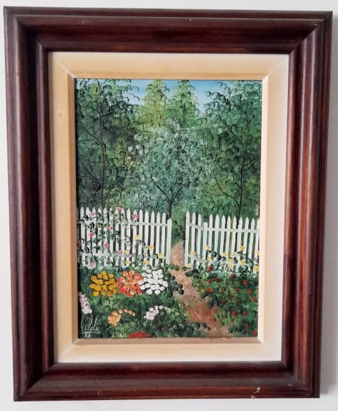 Hilda Lenzi Fronza, "Paisagem com portão", óleo sobre tela, assinado no c.i.e. e datado de 1986. Medidas, tela 34 x 25 cm, moldura, 50 x 40 cm. — Hilda Lenzi Fronza