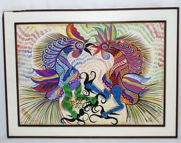 CHICO DA SILVA - Belíssima e antiga pintura finamente executada á óleo sobre tela colado em placa representando clássico motivo de Dragões com riquíssimas colorações e traços do artista assinado no centro inferior. Bom estado de conservação medindo 50 x 70 cm. Enquadrada por moldura em madeira de época no estado medindo 62 x 82 cm. possui discreto reparo. NOTA SOBRE O ARTISTA: Francisco Domingos da Silva (Alto Tejo / Acre, 1910 Fortaleza / Ceará, 6 de dezembro de 1985), pintor, desenhista, sapat — Chico da Silva