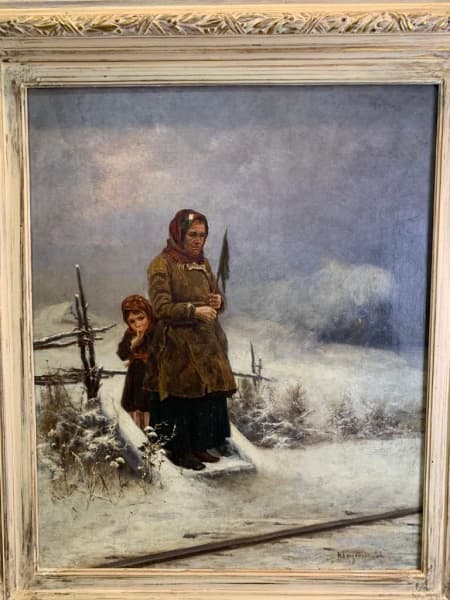 Assinatura Ilegível, "Paisagem com neve e figuras", Escola Europeia séc XIX, óleo sobre tela, medindo 66 x 54 cm, assinado canto inferior esquerdo, grande moldura de época em pinho de riga. — Assinatura Ilegível
