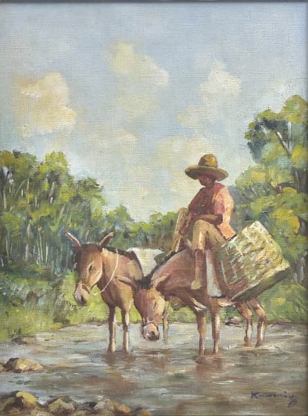 ALFRED KOENIG (SUÍÇA, SÉC.XX). "Paisagem de Rio com Floresta, Personagem e Burrinhos", óleo s/ tela colado no eucatex, 40 x 29. Medida com moldura: 58 x 48. Assinado no c.i,d. No verso biografia do pintor. — ALFRED KOENIG