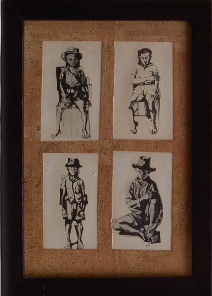 QUATRO GRAVURAS DE PORTINARI (BRODOWSKI, 1903 - RIO DE JANEIRO, 1962), MENINOS DEBRODOVSKY, MEDIDAS DE CADA GRAVURA: 15 X 8 CM. PASSEPARTOUT EM CORTIÇA E MOLDURA PRETA: 43 X 31 CM — QUATRO GRAVURAS DE PORTINARI
