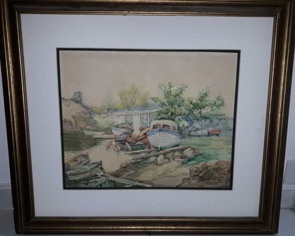 HRM VIANA, 1985 - Pintura retratando Barco. Assinado no CID. Mede aproximadamente 61x69cm (com moldura) e 35x42cm (sem moldura). — HRM VIANA