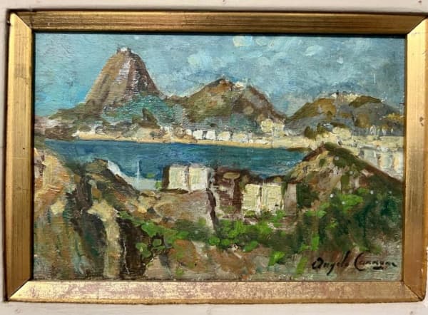 ÂNGELO CANNONE, "Baía de Guanabara com Pão de Açúcar o fundo", óleo sobre madeira, medindo 13 X 20 cm e assinado canto inferior direito e verso. — CANNONE, Ângelo