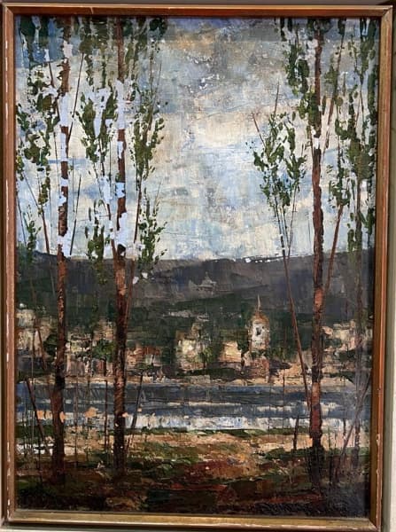 JOSÉ PAULO MOREIRA DA FONSECA, "Árvores, mar e casas", óleo sobre tela colado em duratex, medindo 33 X 24 cm e assinado canto inferior direito. Precisa de restauro — JOSÉ PAULO MOREIRA DA FONSECA