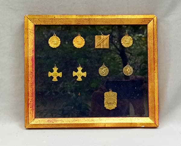 COLECIONISMO, nove (9) medalhas em bronze diversas, a maioria de honra ao mérito e desportivas, emolduradas e envidraçada, medindo com moldura 27 x 23 cm. — COLECIONISMO