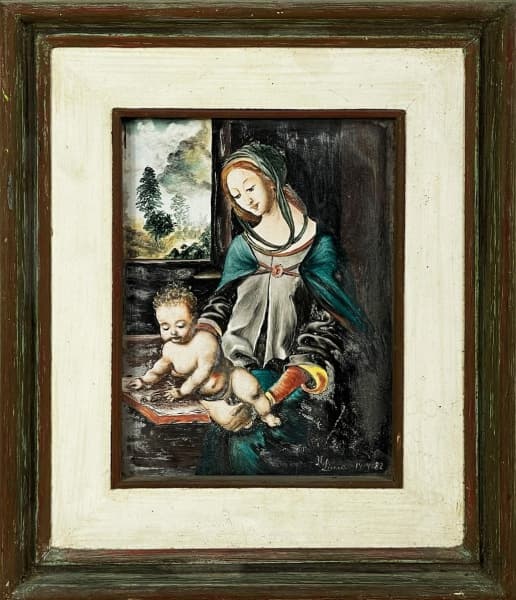 NOSSA SENHORA MESTRA - Bela trabalho da artista M. LUCIA. " NOSSA SENHORA MESTRA com MENINO JESUS" em, pintura s/ placa CERÂMICA. nas dimensões: c/ Mold. 33 X 27 cm e S/ Mold. 20 x 15 cm . Assinado e datado (1982) no c.i.d. - PERFEITA e LINDA. - Bela arte SACRA — NOSSA SENHORA MESTRA
