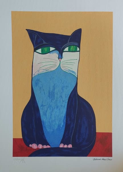 ALDEMIR MARTINS - Gato azul - Serigrafia - 50x35 cm - Assinatura canto inferior direito NA CHAPA (Valor de mercado aproximadamente R$ 1.500,00) — Aldemir Martins