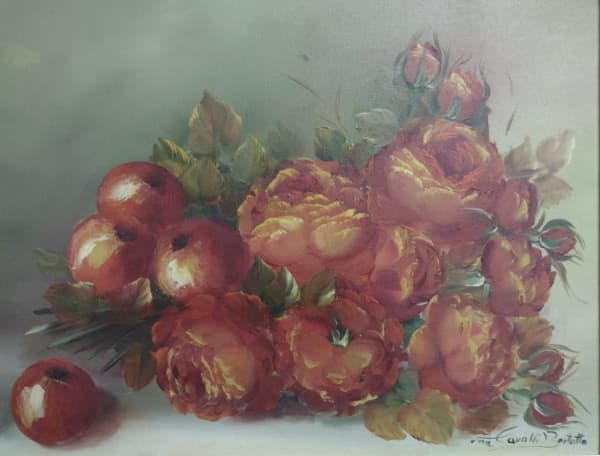 ANA CAVALLI BERTOTTO - Flores - O.S.T. - 40 X 50 cm- a.c.i.d. Moldura trabalhada na tonalidade dourada. Medidas com moldura 67 X 58 cm (no estado) — ANA CAVALLI BERTOTTO