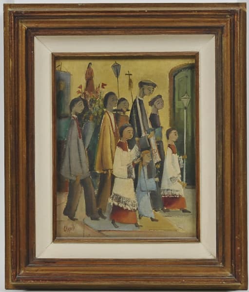 OMAR PELLEGATA (São Paulo 1925 - 2001) - PROCISSÃO - Óleo sobre tela assinado no CIE, emoldurado e medindo: 34 x 26cm (Obra) e 54 x 46cm (Total) — Omar Pellegata