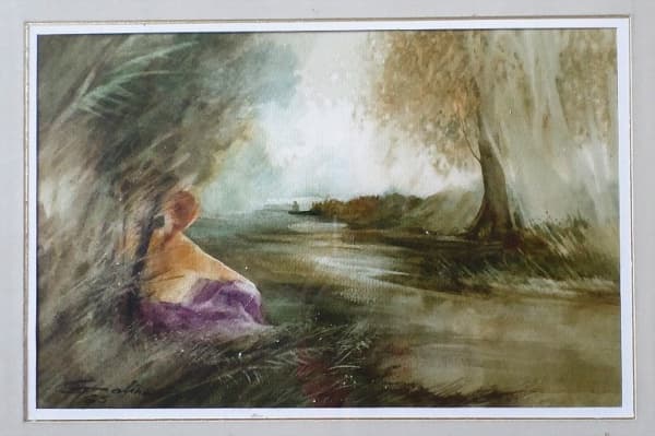 GALINA, Moça e Barqueiro, aquarela, 20 x 30cm, assinada e datada 85. — GALINA
