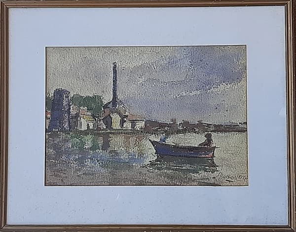 FRANCISCO BARBOZA LEITE (1920-1997) - `Paisagem c/ Casario e Rio`, técnica mista, med. 25 x 36cm, assinado, emoldurado em madeira c/ proteção em vidro. — FRANCISCO BARBOZA LEITE