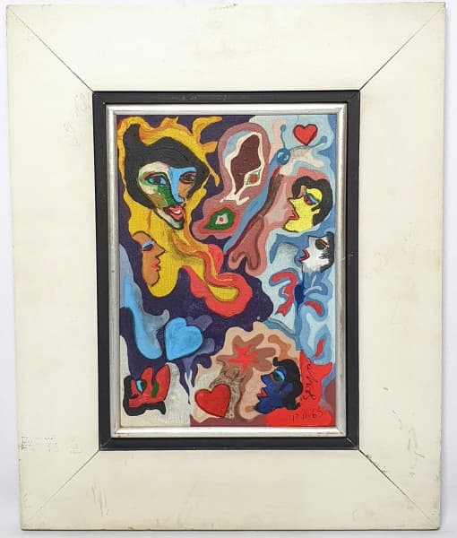 IVAN SERPA (1923-1973) - ´´ELES E ELAS´´ - Raríssima e linda antiga pintura finamente executada em técnica á óleo sobre tela representando bela cena abstrata rica em colorações vibrantes e detalhes representando figuras femininas e masculinas. Mede 20 x 28 cm, assinado no C.I.D. datada de 1965. Enquadrada em moldura de madeira da época medindo 36 x 44 cm. Bom estado de conservação. Brasil década de 60. NOTA SOBRE O ARTISTA: O carioca Ivan Serpa (1923-1973) foi um artista de extensa produção, pro — Ivan Serpa