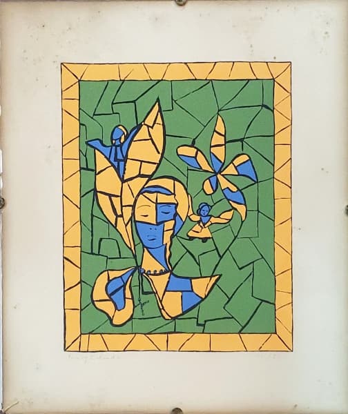 LUCY CALINDE - Serigrafia emoldurada representando figuras femininas, assinada e numerada 14/20, medindo 45 cm x 38,5 cm. Apresenta trincado no vidro na parte inferior esquerda. — LUCY CALINDE