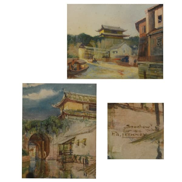 FRIEDRICH ALFRED LEEKNEY (1880 1933) CHINA- Aquarela Pandant Assinada, data e localizada, China 1910, med. 13 x 18 cm e 18 x 22 cm. — FRIEDRICH ALFRED LEEKNEY