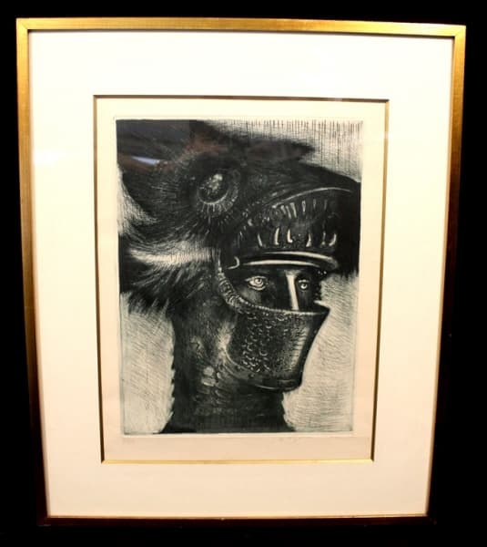 MARCELO GRASSMANN (São Simão, SP, 1925 - São Paulo, SP, 2013) "Guerreiro", gravura em cor sobre papel, medindo 45 cm x 34 cm, a.c.i.d., numerada "41/50". No verso, etiqueta da casa "Esquema Molduras Ltda." de São Paulo. — Grassmann