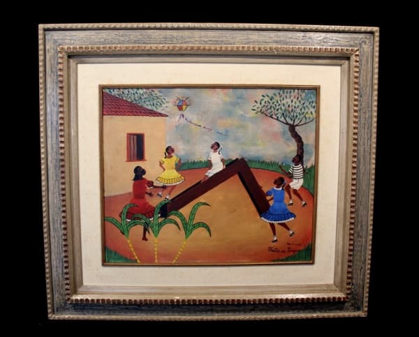 HEITOR DOS PRAZERES (Rio de Janeiro, RJ, 1898 - 1966) "Brincadeiras de crianças", óleo sobre placa, medindo 50 cm x 60 cm, a.c.i.d., situado "Rio" e datado "4-8-1965". — Heitor dos Prazeres