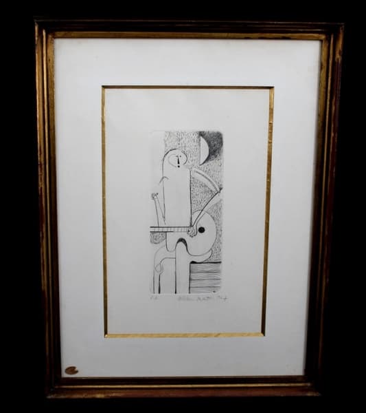 ALDEMIR MARTINS (Ingazeiras, CE, 1922 - São Paulo, SP, 2006) "Tocador de viola", litografia sobre papel, medindo 34 cm x 21,5 cm, a.c.i.d., datado "1967", numerada "P.A.". No verso, etiqueta da casa "Loja Artística Molduras Ugo Ltda." de São Paulo. — Aldemir Martins
