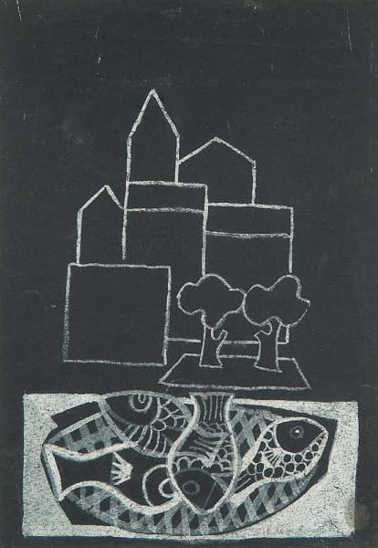 DI CAVALCANTI, EMILIANO (1897-1976) - Peixes e Paisagem - Guache s/ cartão, 22 x 16 cm, ass. inferior direito, ex-coleção Lucien Finkelstein. — Di Cavalcanti