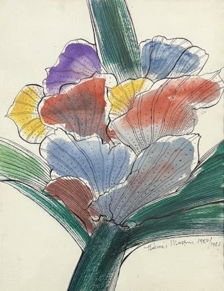 ALDEMIR MARTINS - "Flores" - técnica mista sobre cartão - 36 x 28 cm - a.c.i.d. 1984/85. Com o certificado do estúdio Aldemir Martins. — Aldemir Martins