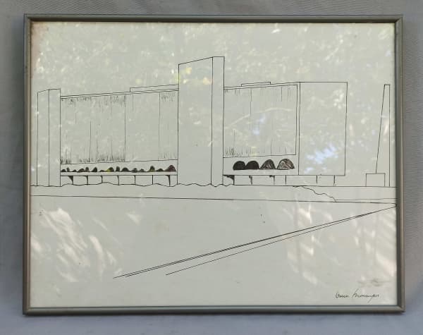 OSCAR NIEMEYER (assinatura inconsistente, não condiz com nenhuma outra comparada grafo tecnicamente), desenho a nanquim, emoldurado e envidraçado, assinado no CID, medindo com moldura 46 x 36 cm. — Oscar Niemeyer