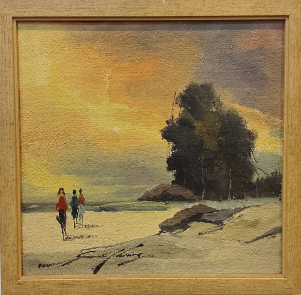 SANSÃO PEREIRA, "Figuras na praia" óleo sobre juco, medindo 29 X 29 cm e assinado canto inferior direito. — Sansão Pereira