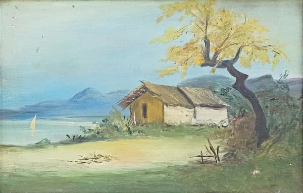 H. RANGEL (?), paisagem lacustre com choupana, OST, assinatura quase apagada no CIE, medindo 41 x 27 cm, moldura 47,5 x 33,5 cm. — H. RANGEL