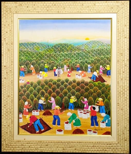 VALQUIRIA FARIA DE BARROS (Pequena Jaguarão-MG, 1951) - "Cafezal" - O.S.T., A.C.I.D., datada de 2010. Pintora premiada e renomada com sua arte Naif. Med: 54x64cm (com moldura e paspatour). — VALQUIRIA FARIA DE BARROS