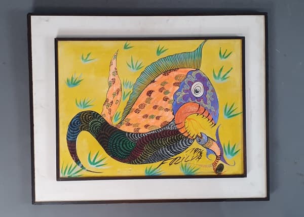 CHICO DA SILVA (Francisco Domingos da Silva, 1910 /1985) - Quadro em o.s.t. representado peixe, datado 1976, a.c.i.d. Dimensões: 63x69 cm. — Chico da Silva