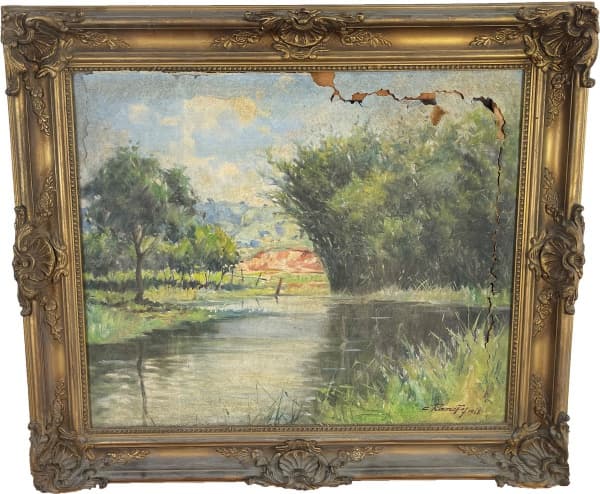 CASEMIRO RAMOS FILHO (1905 - 1976). "Paisagem com lago", óleo s/ tela. 44 x 53. Assinado e datado (1948) no c.i.d. e no verso. (Apresenta grande rasgo nas bordas). — CASEMIRO RAMOS FILHO