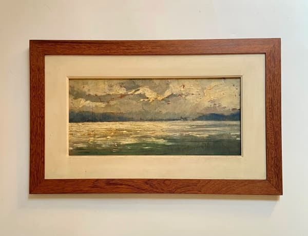 Renzo Gori. Marinha. Óleo sobre madeira. Assinado e datado 78. 23 x 49cm. Madeira possui alguns furos e trincas. — Renzo Gori