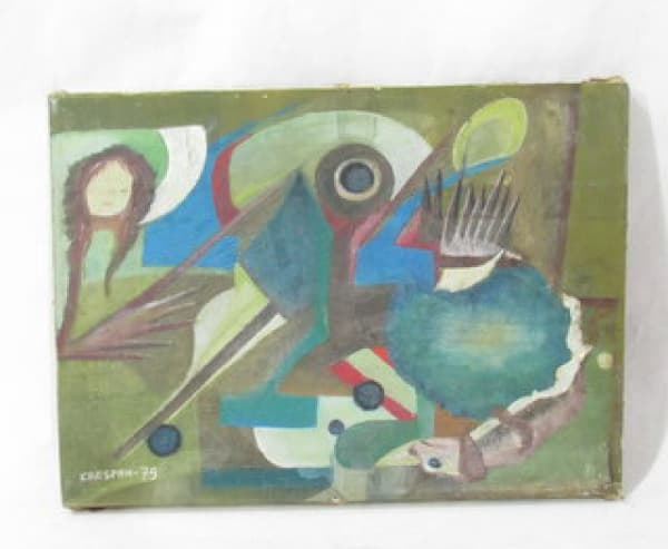 CRESPAN, pintura surrealista abstrata, OST, assinado e datado 79 no CIE, sem moldura, verso: localizado Olinda, medindo 33 x 24 cm, chassi demanda reparo. — CRESPAN