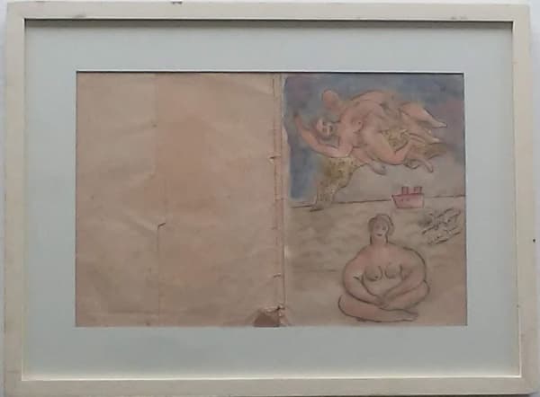 CÍCERO DIAS - DESENHO - TÉCNICA MISTA SOBRE PAPEL COM DEDICATÓRIA AO AMIGO SÉRGIO .MEDIDAS: 27 CM X 41 CM . MOLDURA COM VIDRO — Cicero Dias