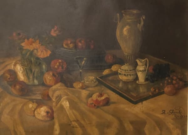 Glinski, óleo sobre eucatex, natureza morta, 1930 ( possui ação de insetos, no estado) -med. 50x70cm — Glinski